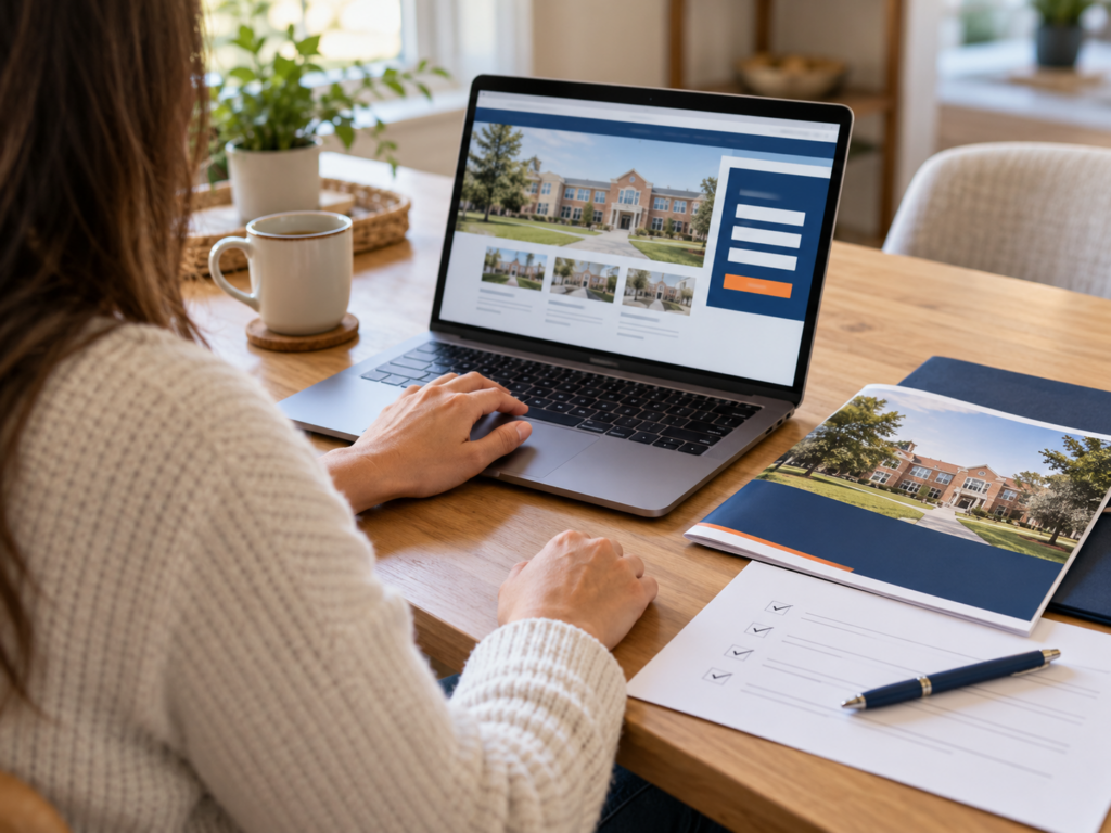 Parent exploring a school website with an enrollment brochure and application checklist beside the laptop.